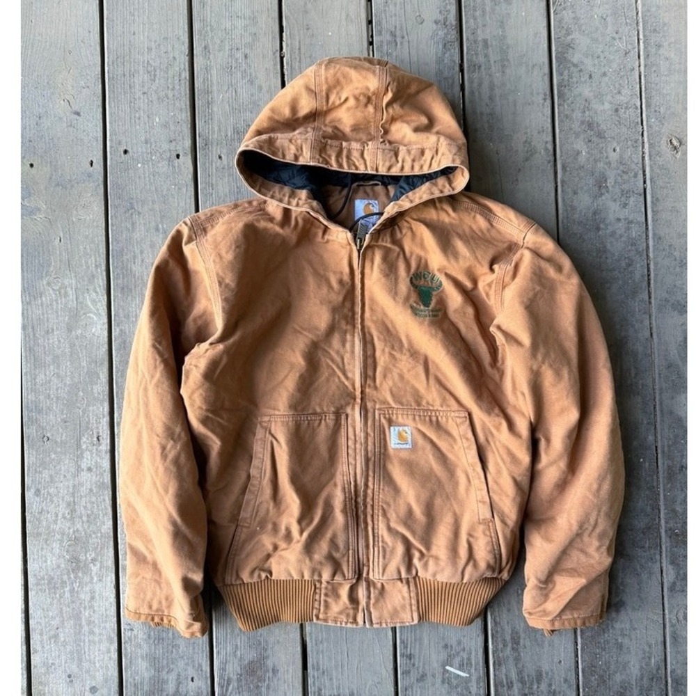 Carhartt Vintage Brown Duck Canvas Embroidered Active Jacket Hooded Work Coat